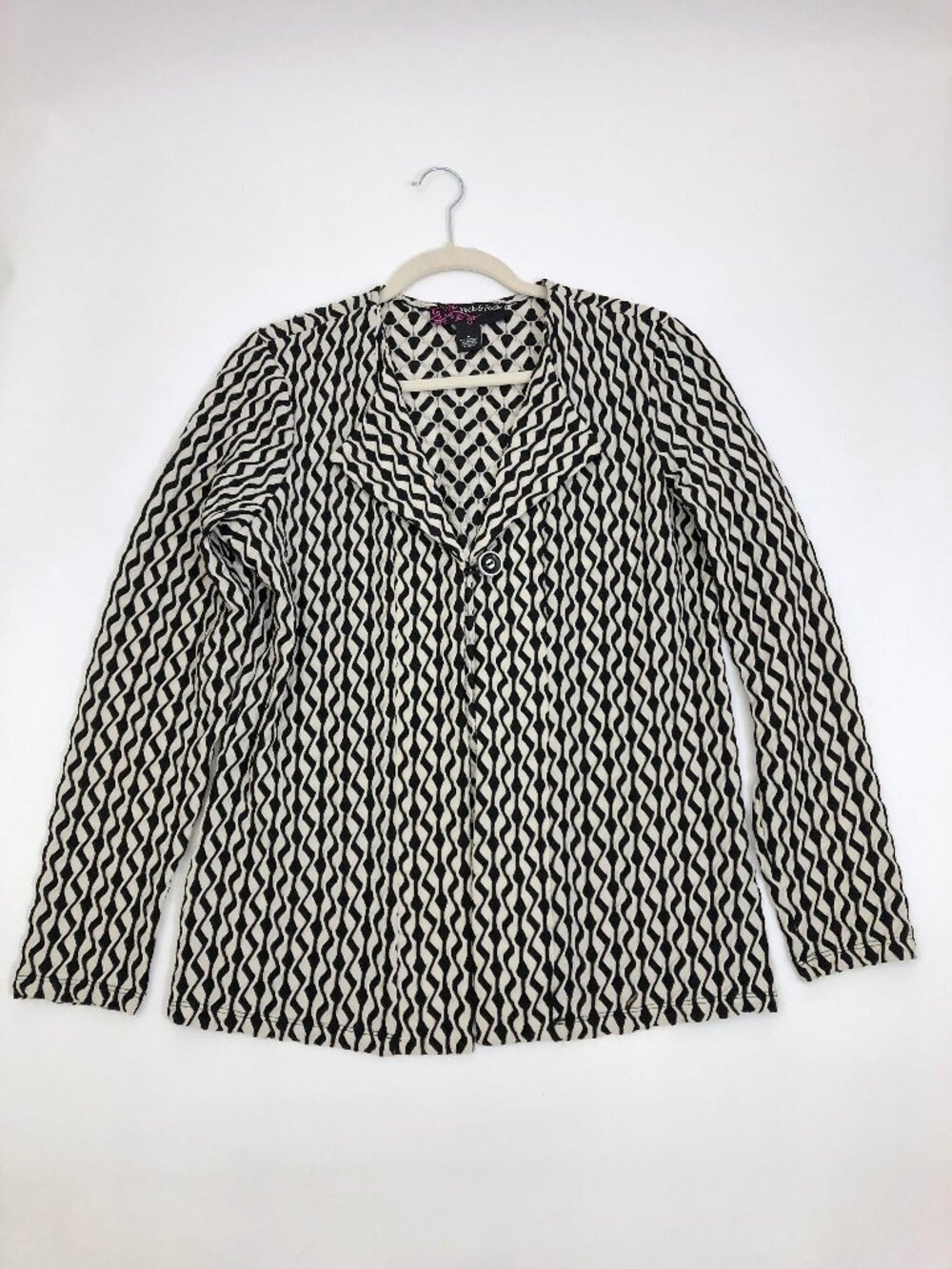 Peck & Peck jacket Black & Cream Geometric Wavy Print Open Front Button & Loop